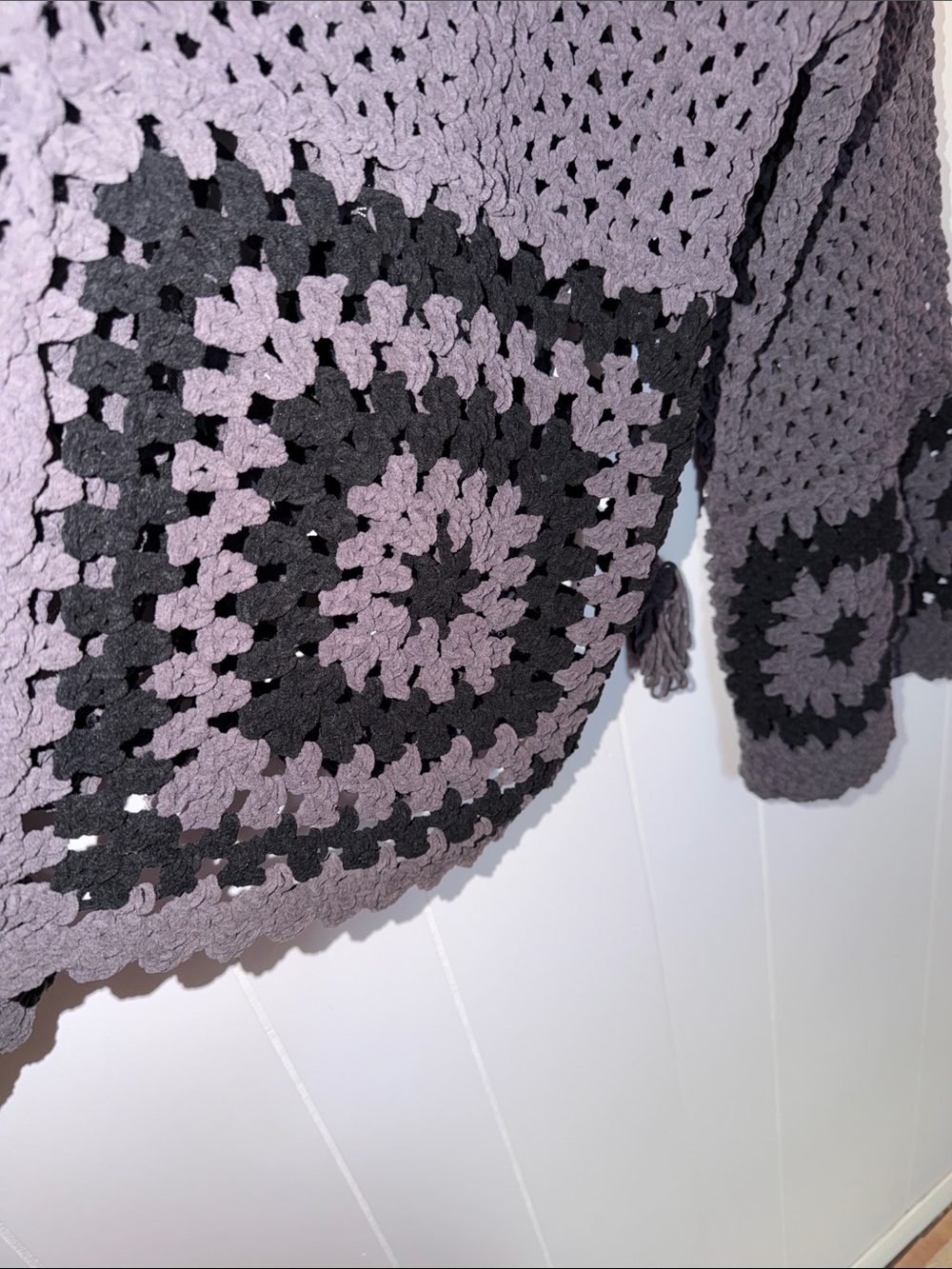 POL Charcoal Crochet Button‑Front Cardigan Sweater Knit Squares Size L - Picture 11 of 13